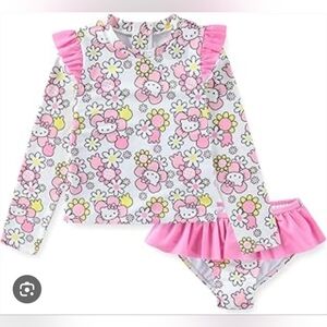 SANRIO HELLO KITTY LONG SLEEVE RASH GUARD TOP AND BIKINI BOTTOM UPF 50+. SIZE 4.
